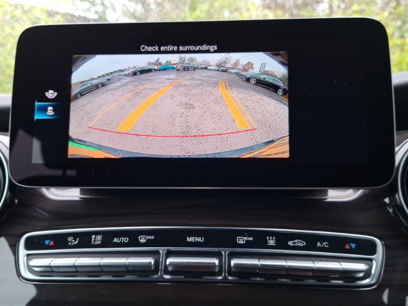 Closeup of Mercedes-Benz EQV reversing camera displayed on infotainment screen