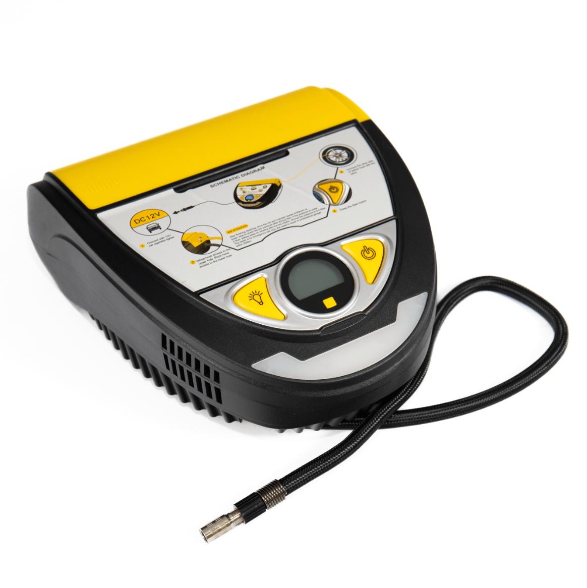 Portable car tyre inflator pump with hose and controls.

