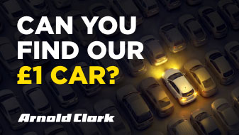 One car in forecourt with lights on, text can you find our £1 car?