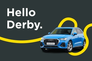 Blue Audi with Hello Derby text