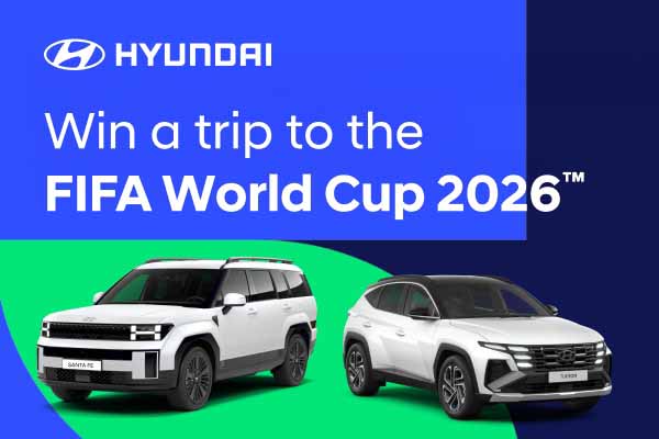 Hyundai FIFA World Cup 2026 Prize Draw text with face on images of the TUSCON and SANTA FE