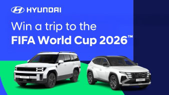 "Win a trip to the FIFA World Cup 2026" text with Hyudai SANTA FE and TUCSON cars side on.